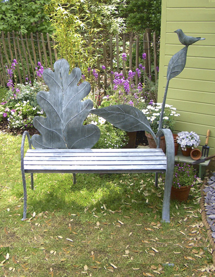 Oak Leaf Bench With Perched Bird. Copyright Chistopher Lisney 2020 - All Rights reserved by DESIGN PROTECT