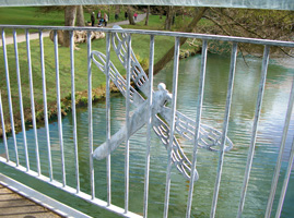 PITTVILLE PEDESTRIAN COMMUNITY BRIDGE - 2012 - Pittville Park, Cheltenham - Span 21.5M (70’). Client: Cheltenham Borough Council. DETAIL OF DRAGONFLY. Designed  & made by Christopher Lisney (with community groups input, & large scale fabrication, Longhope Welding). Copyright Chistopher Lisney 2014 - All Rights reserved by DESIGN PROTECT