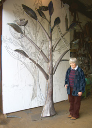 The Jesse Tree - Life Size Drawing - Height 3.8M (12’). At workshop, early construction, with Church Representative. Client: Holly Mount Church, Malvern. Copyright Chistopher Lisney 2014 - All Rights reserved by DESIGN PROTECT